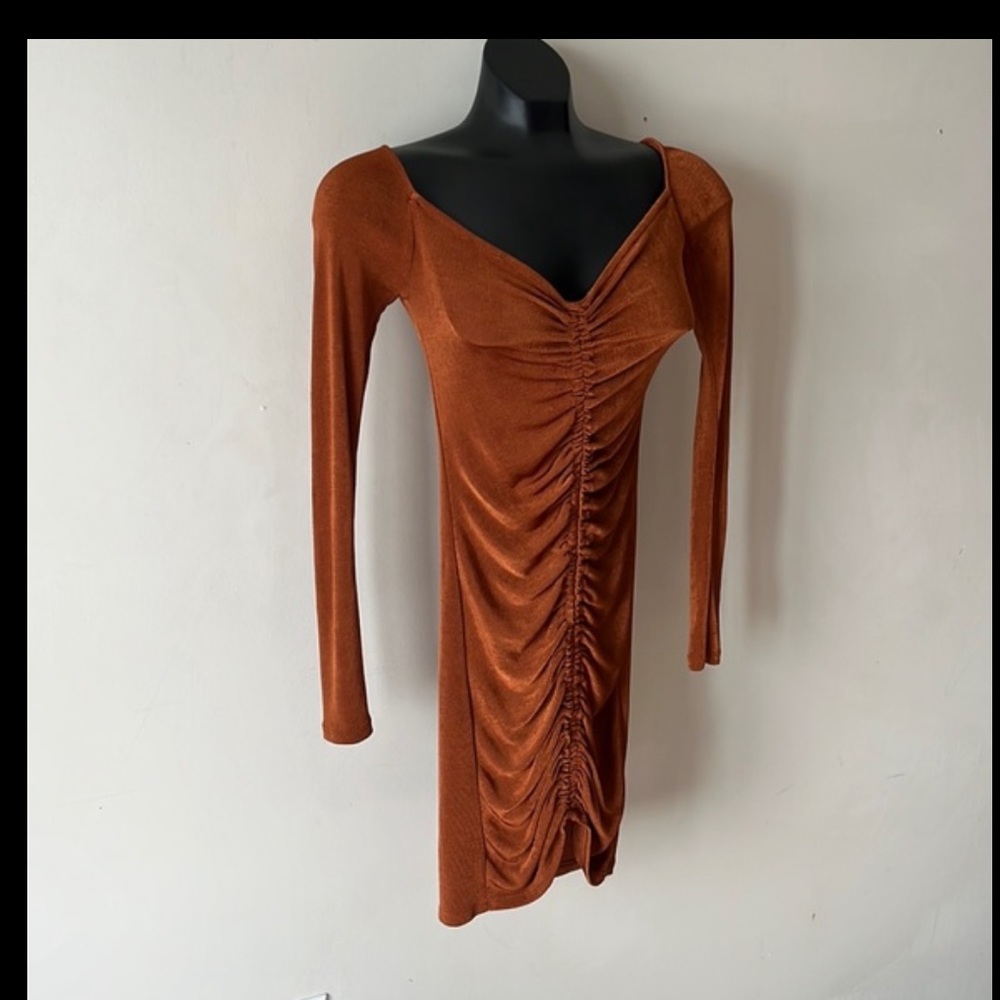Brunt orange runched fitted bodycon long sleeve short dress